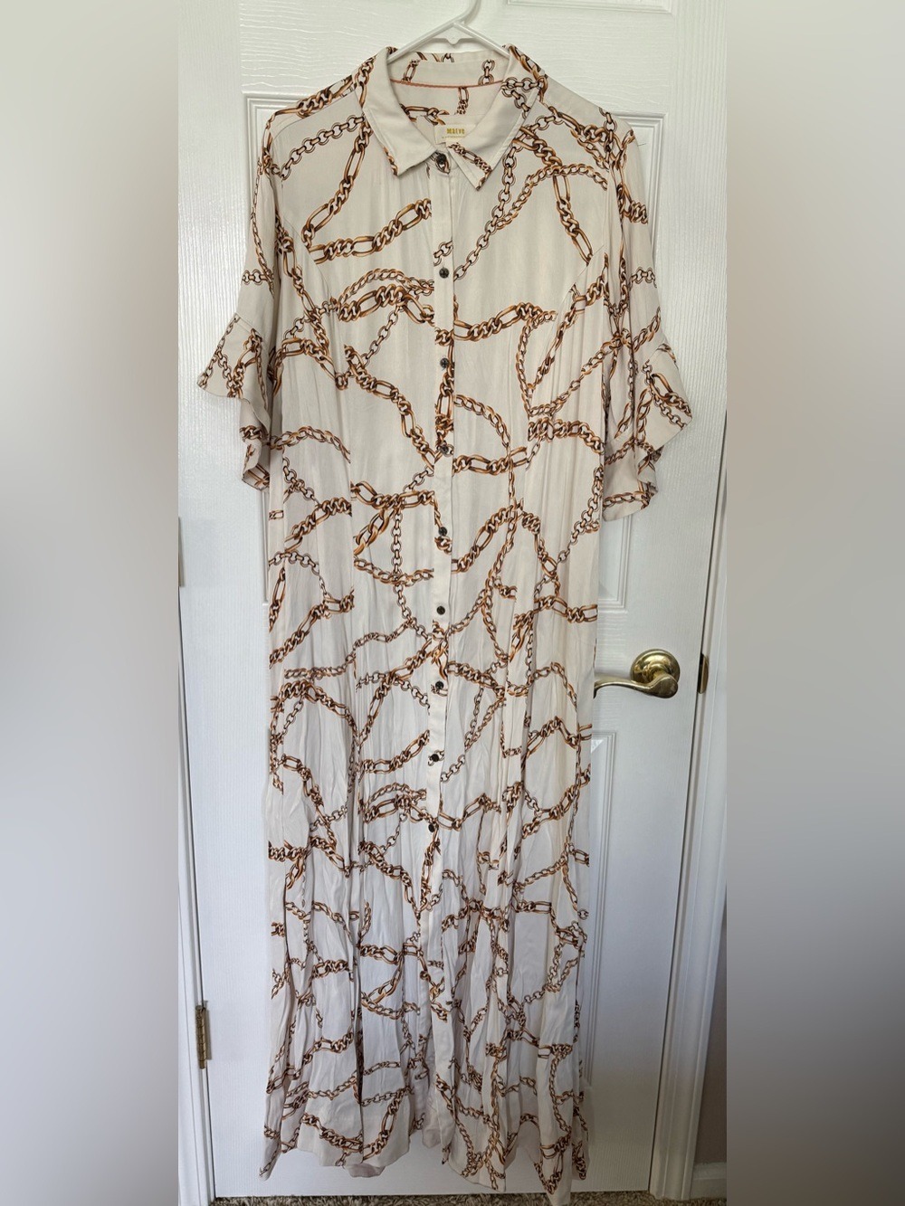 Maeve Anthropologie White Gold Chain Print Maxi Shirt Dress 2X Old Money Boho - Picture 4 of 17